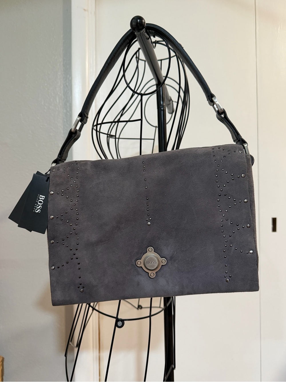 BOSS Hugo Boss Gray Suede Studded Shoulder Bag NWT